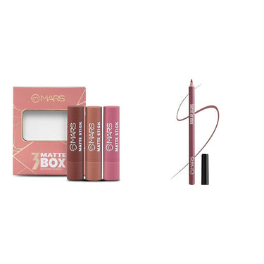 MARS Matte Box Set of 3 Lipsticks for Women (3x3.2 gm) (05-Blushed & Nudes) Matte Lip Liner | One Swipe Smooth Application | Long Lasting Lip Pencil (1.4gm) (18-MAUVE MAGIC)